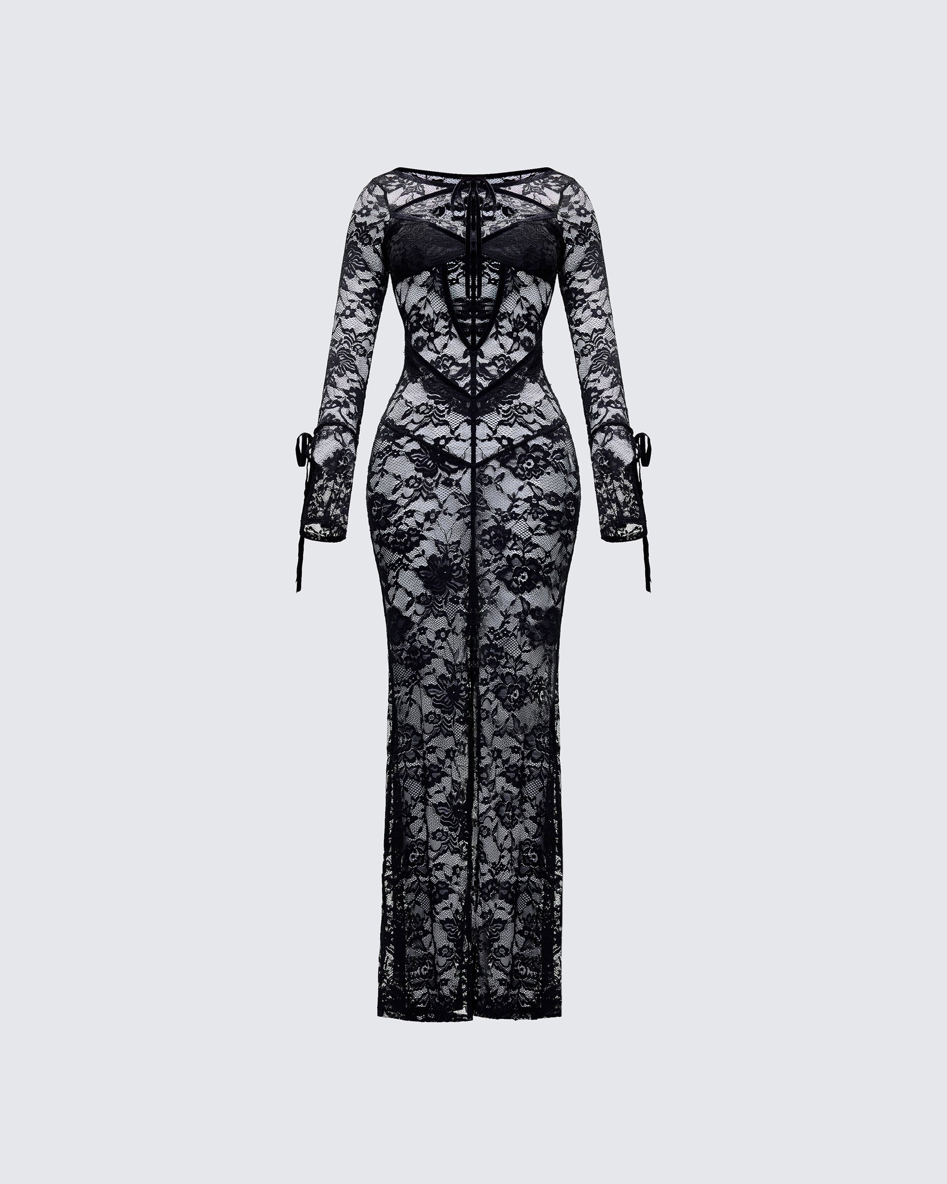 Black Lace Maxi Dress - Sheer Cutout Long Sleeve FINESSE Black Lace Maxi Dress - Sheer Cutout Long Sleeve FINESSE
