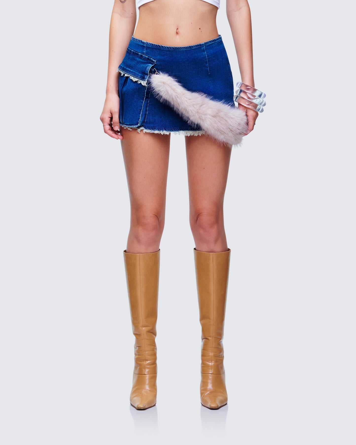 Sophelle Distressed Acid Wash Denim Mini Skirt model front