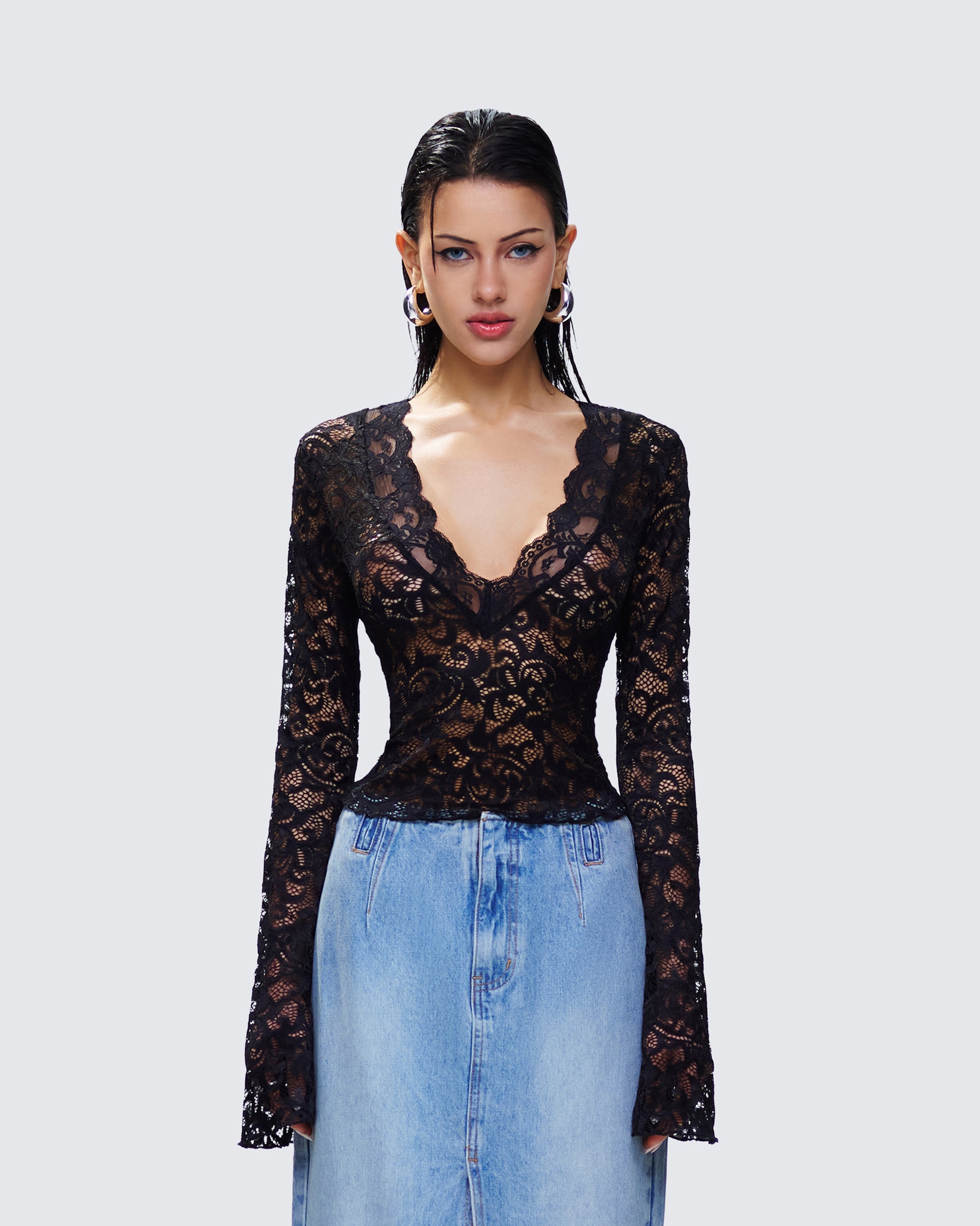 Black Lace Long Sleeve Top - Sheer Bell Sleeve Crop FINESSE Black Lace Long Sleeve Top - Sheer Bell Sleeve Crop FINESSE