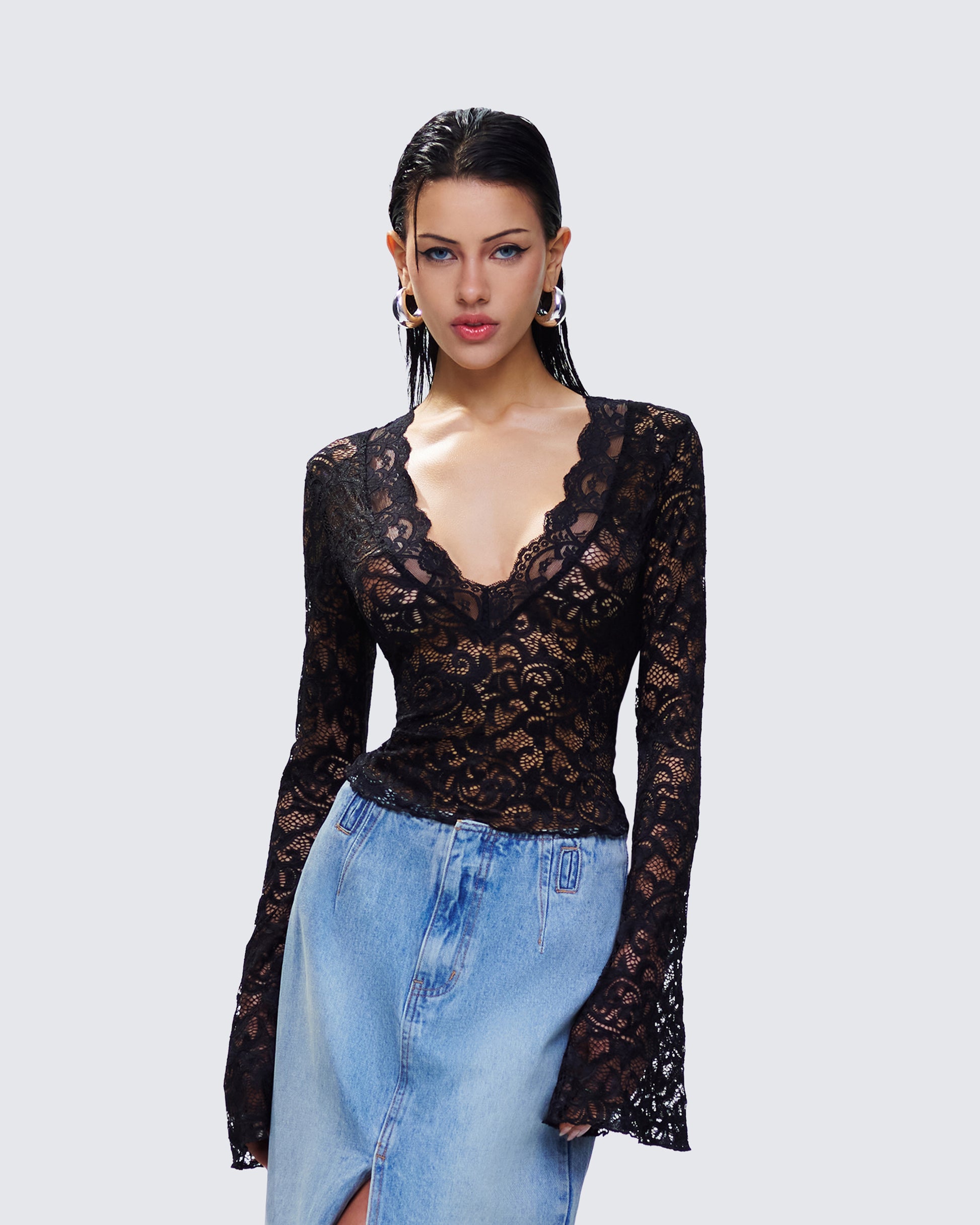 Black Lace Long Sleeve Top - Sheer Bell Sleeve Crop FINESSE Black Lace Long Sleeve Top - Sheer Bell Sleeve Crop FINESSE
