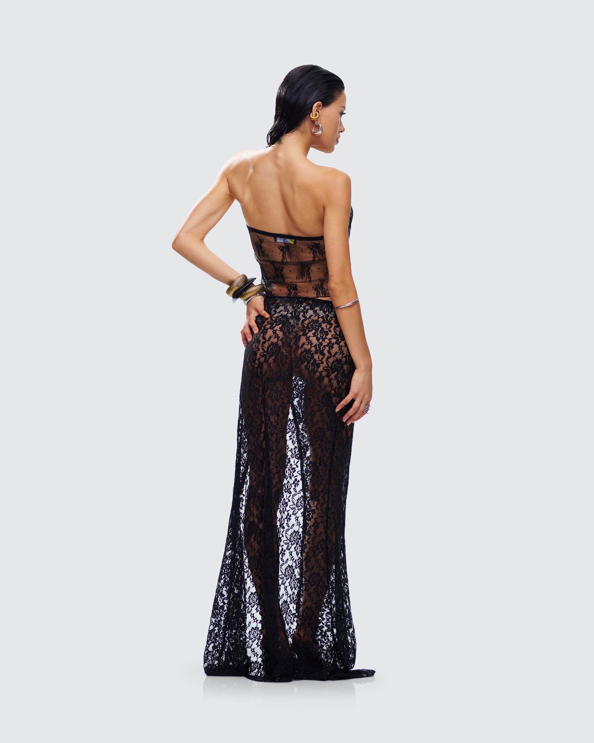 Black Lace Maxi Skirt Set - Sheer Corset Top FINESSE Black Lace Maxi Skirt Set - Sheer Corset Top FINESSE
