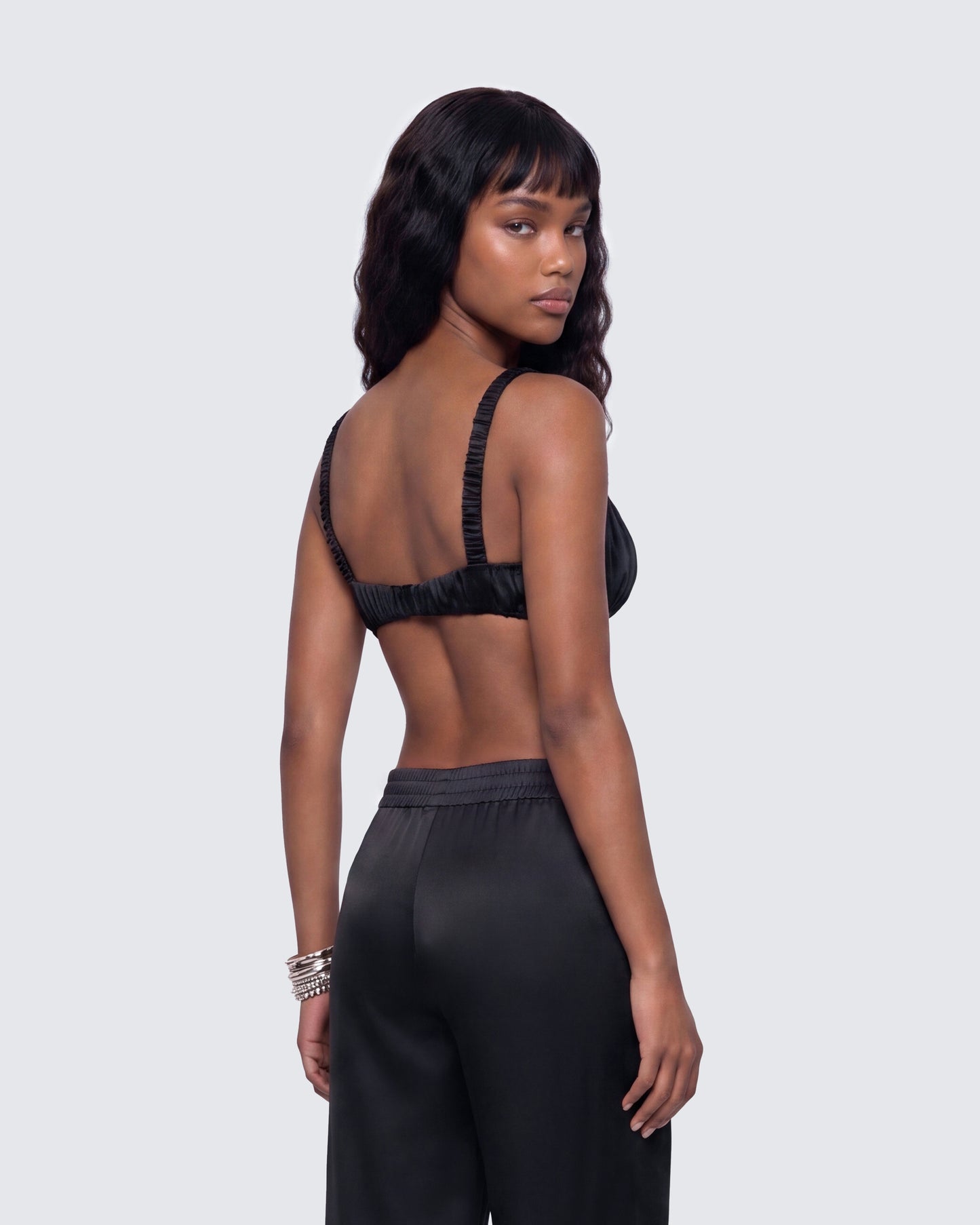 Suzanna Black Satin Gathered Bra Top
