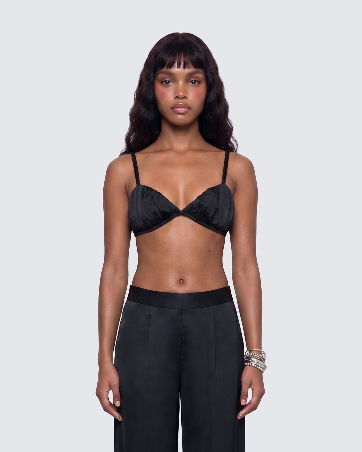 Suzanna Black Satin Gathered Bra Top model front