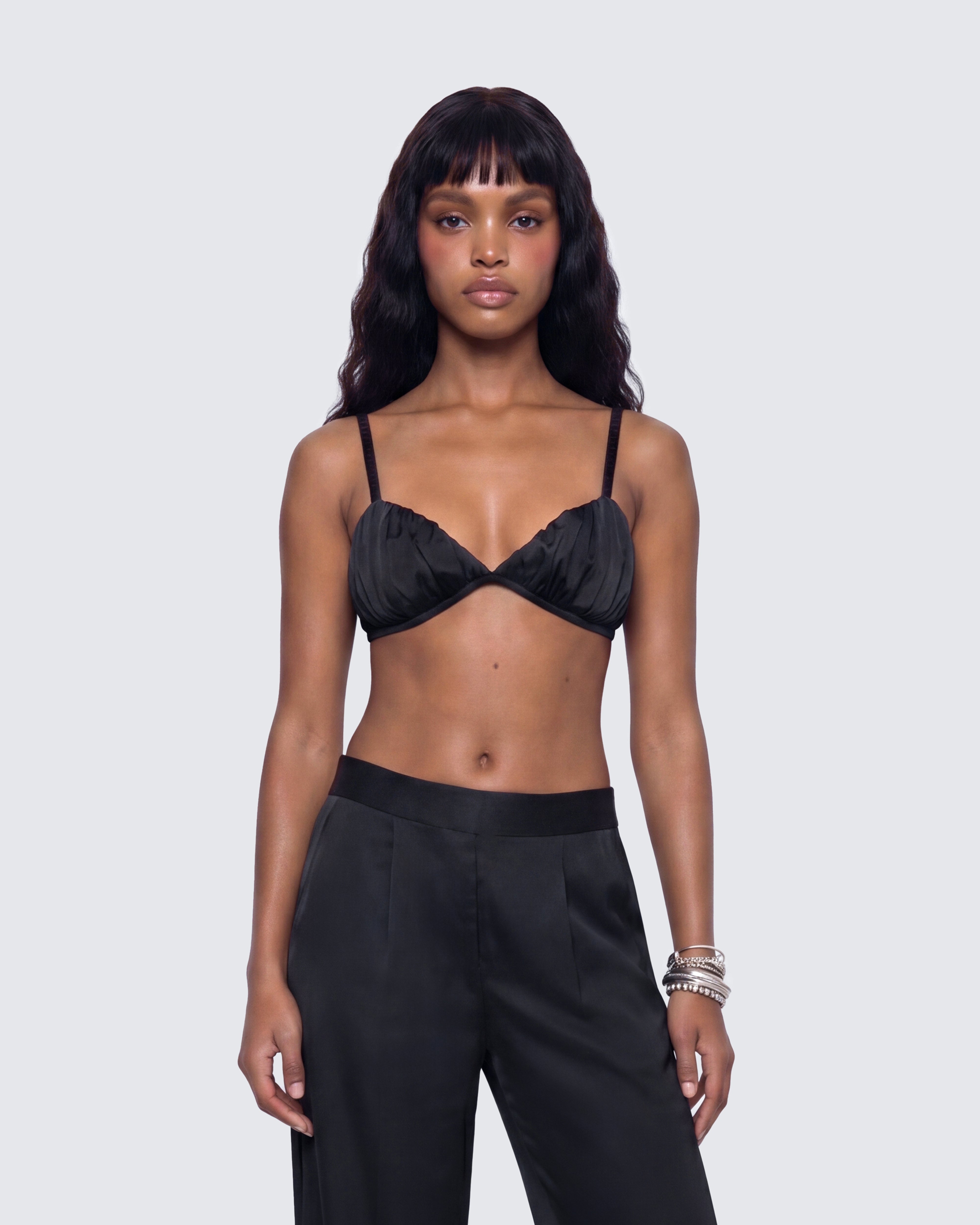 Suzanna Black Satin Gathered Bra Top – FINESSE