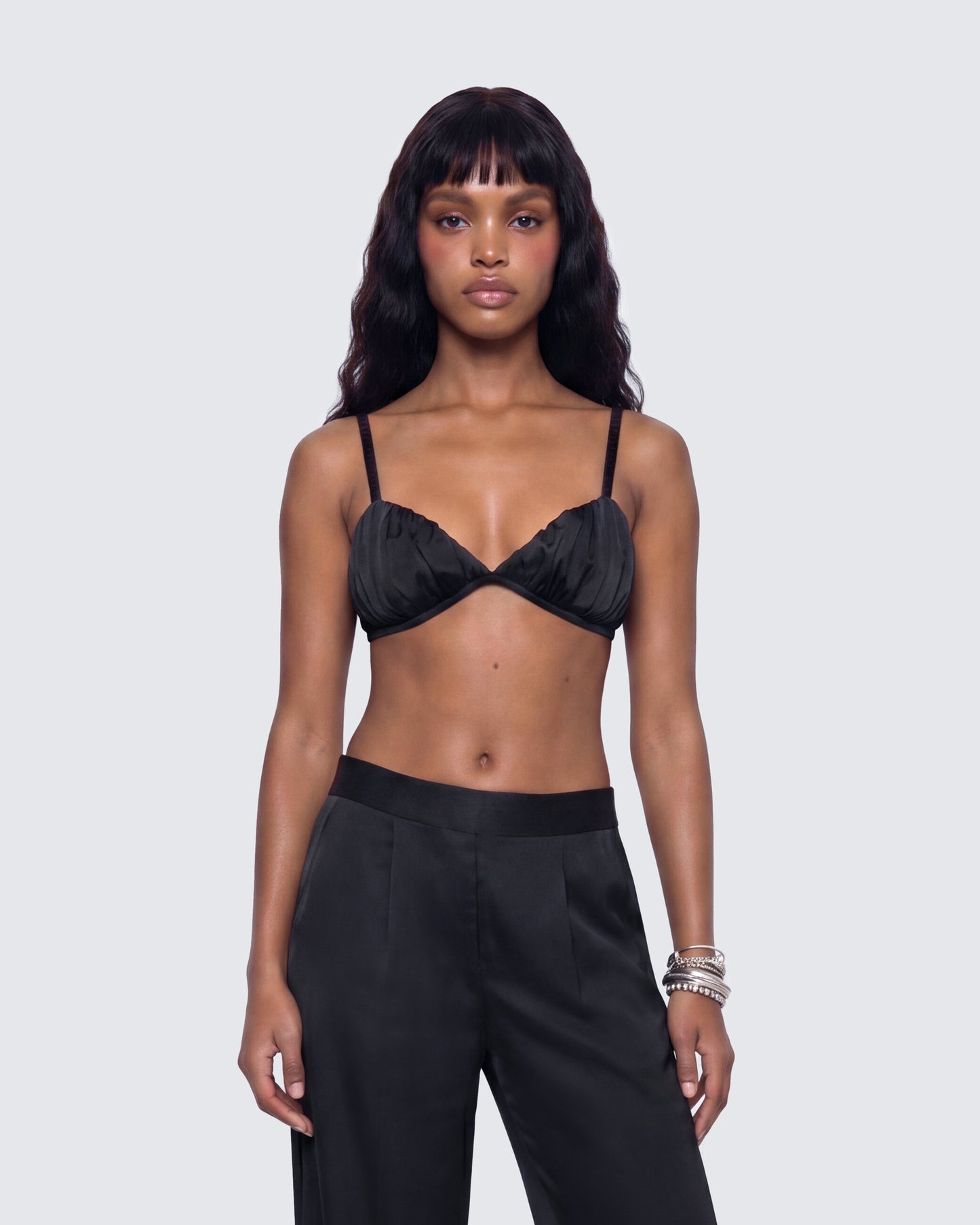 Suzanna Black Satin Gathered Bra Top