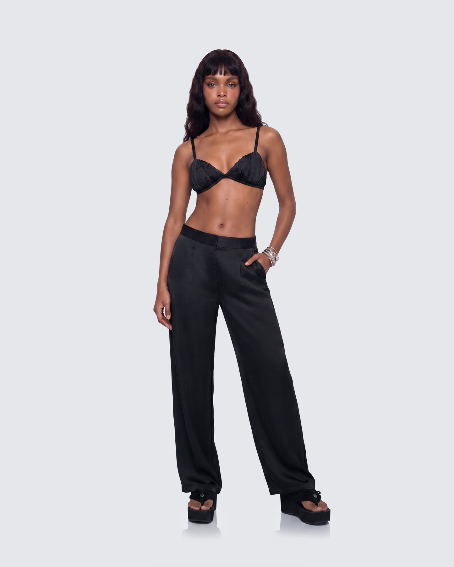 Suzanna Black Satin Gathered Bra Top