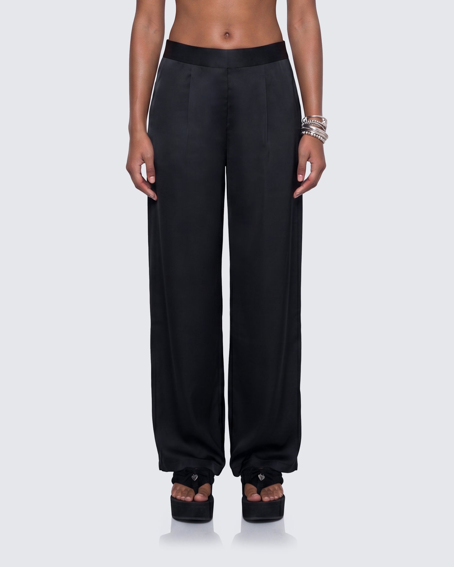 Suzanna Black Satin Wide Leg Trouser model front