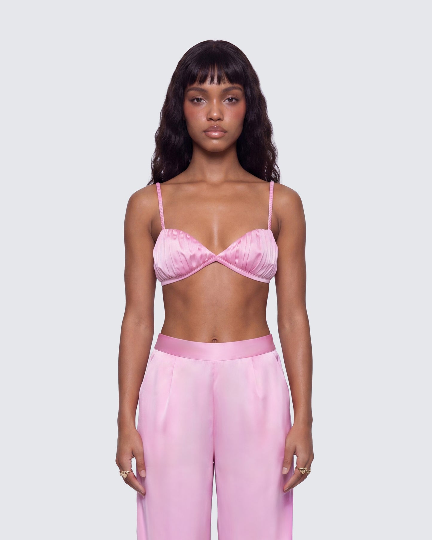 Suzanna Pink Satin Gathered Bra Top model front
