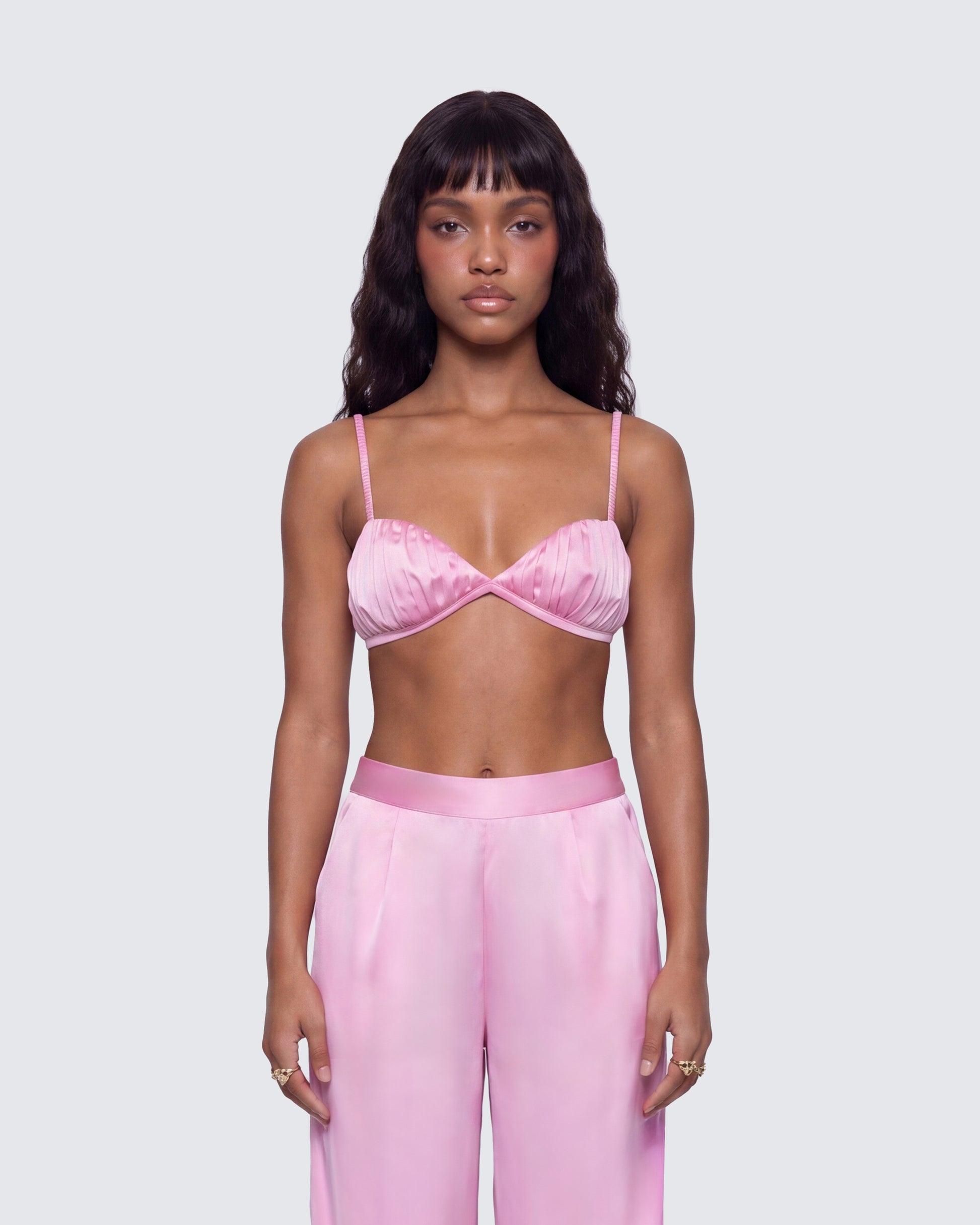 Suzanna Pink Satin Gathered Bra Top model front