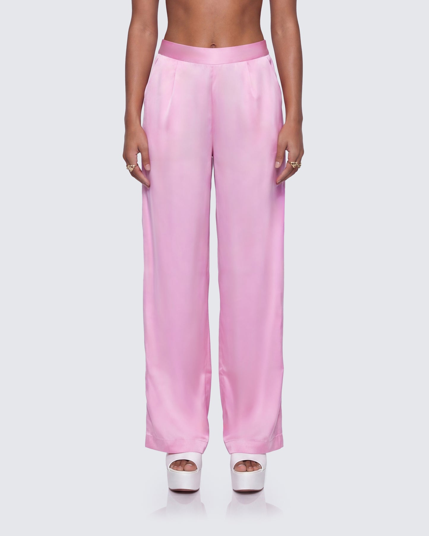 Suzanna Pink Satin Wide Leg Trouser model front