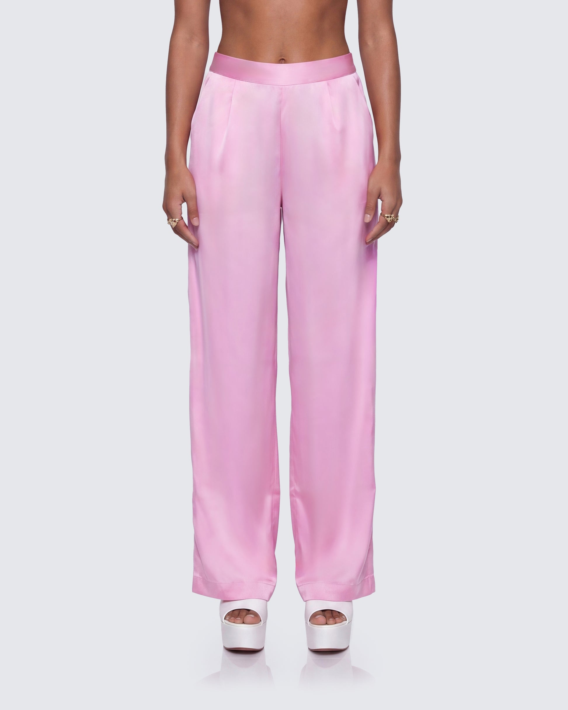 Suzanna Pink Satin Wide Leg Trouser model front