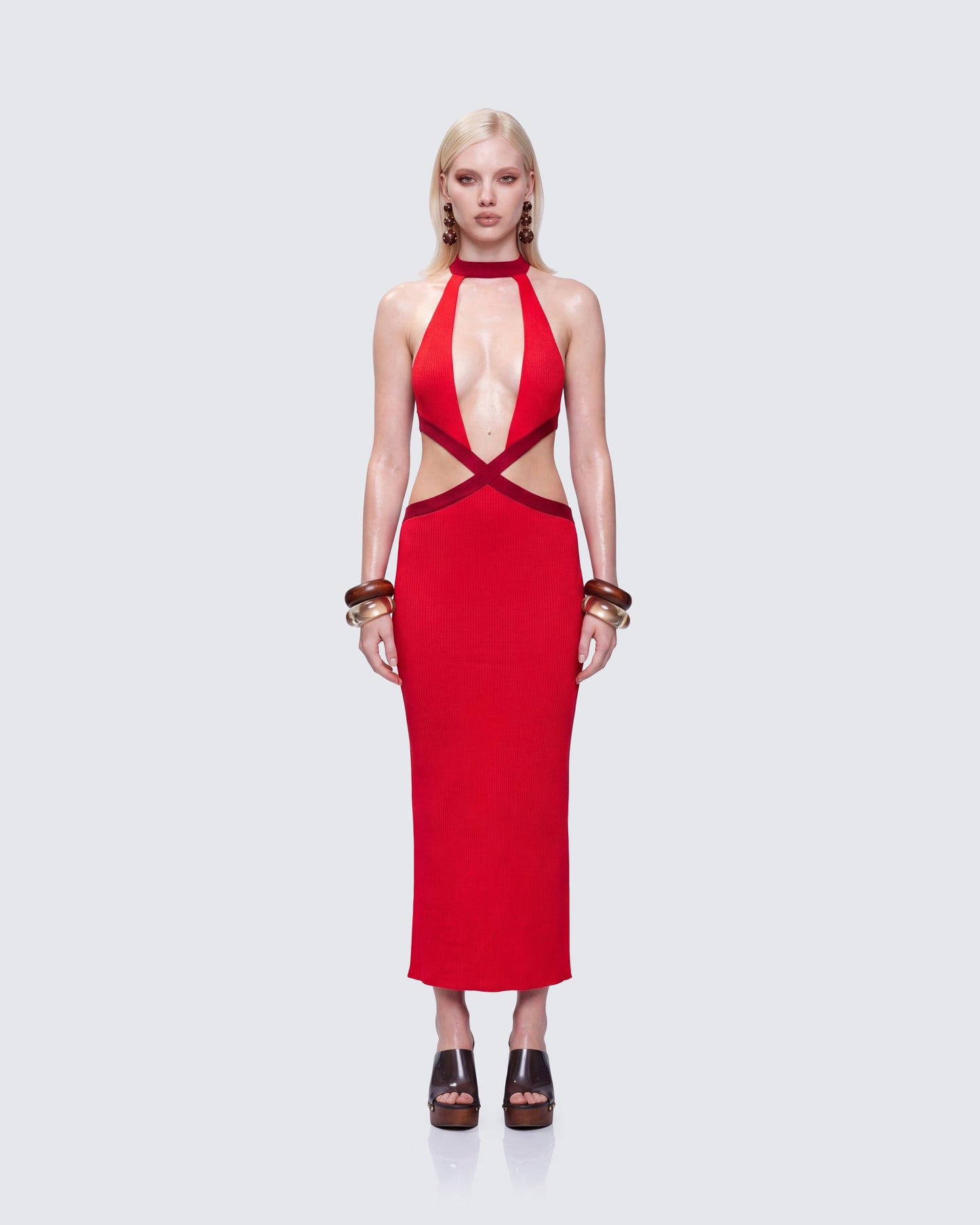 Sydney Multi Red Binding Cutout Maxi Dress model front