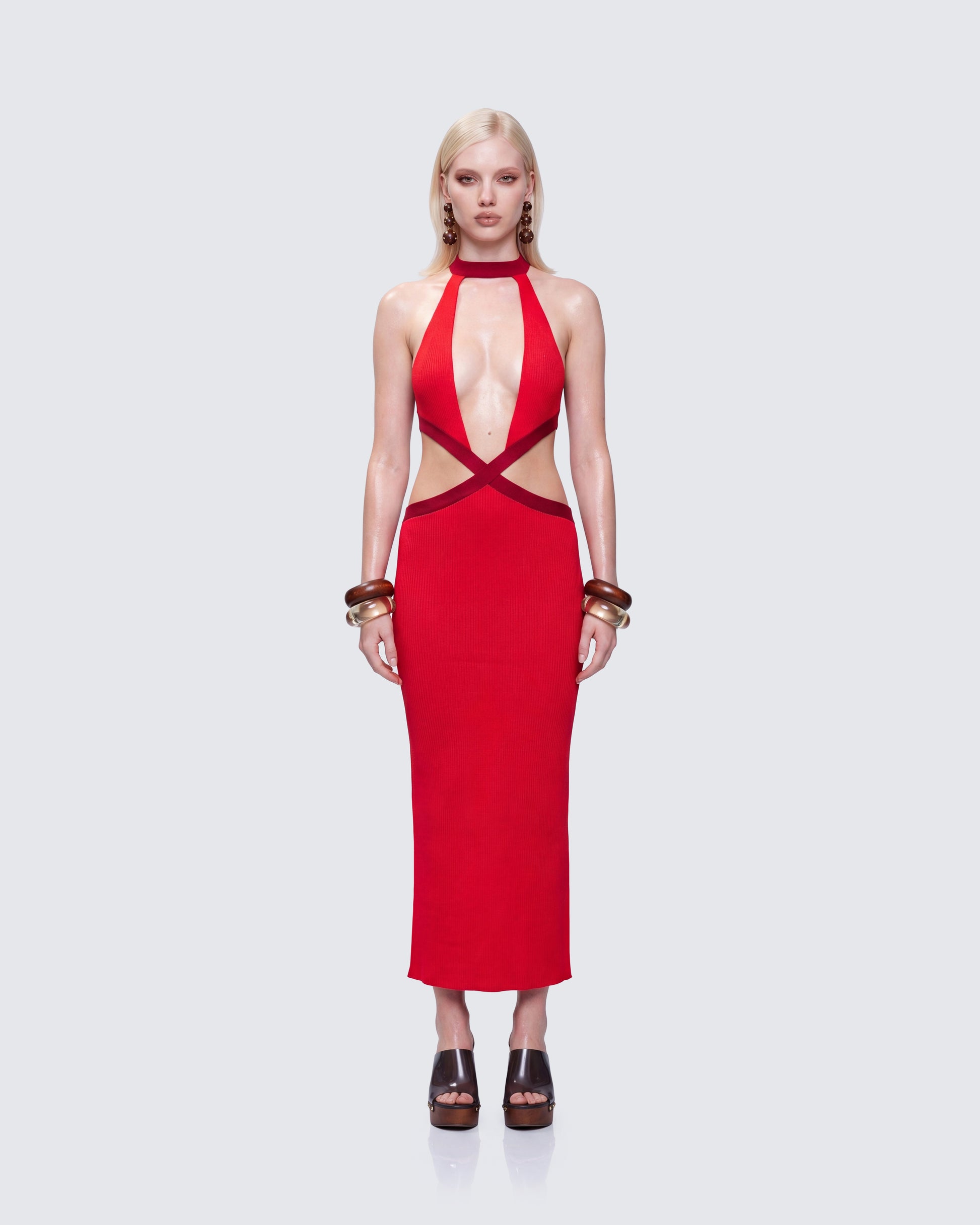 Sydney Multi Red Binding Cutout Maxi Dress model front