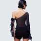 Sylphine Black Printed Mesh Asymmetric Top