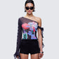 Sylphine Black Printed Mesh Asymmetric Top