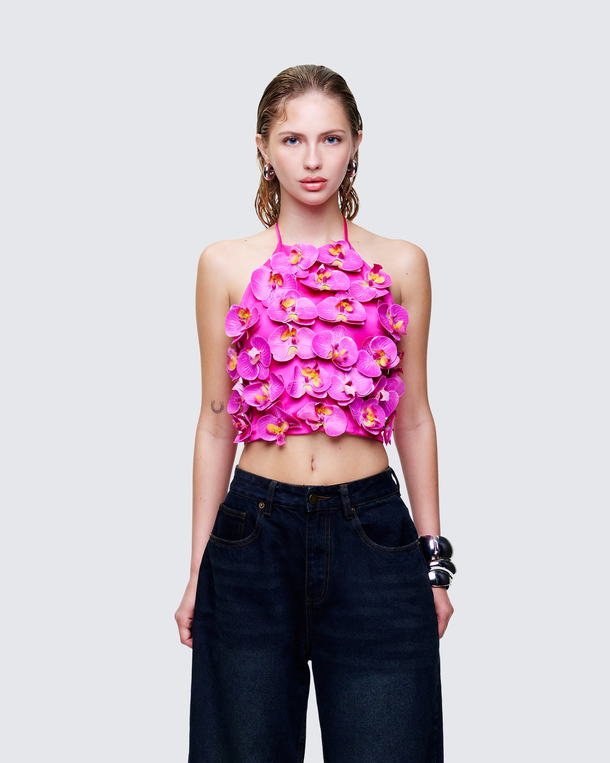 Synnia Pink Satin Orchid Applique Top model front