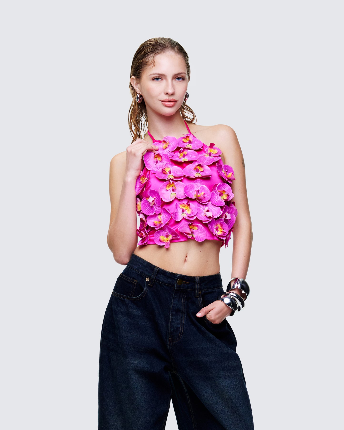 Synnia Pink Satin Orchid Applique Top