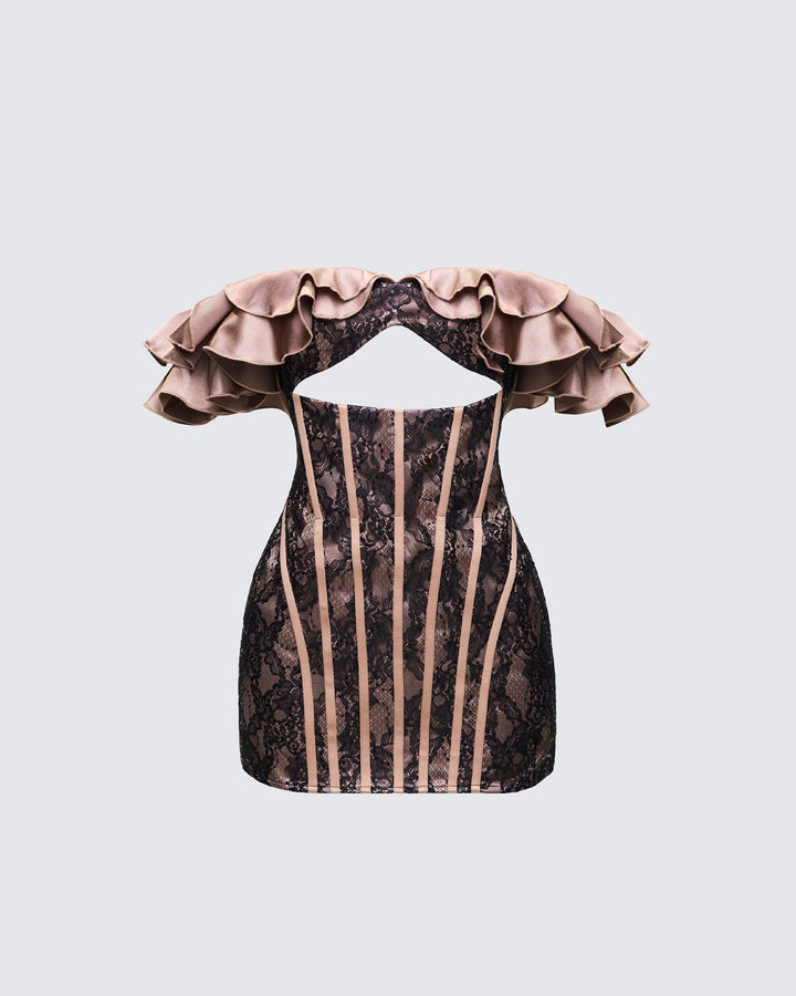 Starrah Brown Lace Ruffle Trim Mini Dress product front