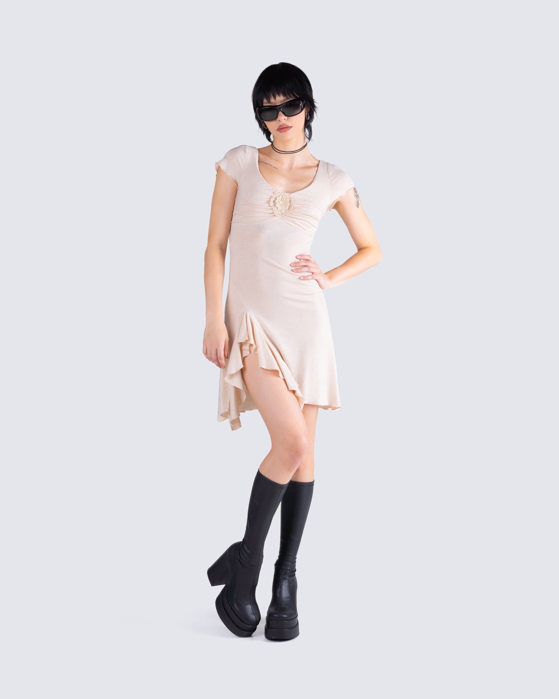 Beige Mini Dress - Ruffle Hem Cocktail Dress FINESSE Beige Mini Dress - Ruffle Hem Cocktail Dress FINESSE