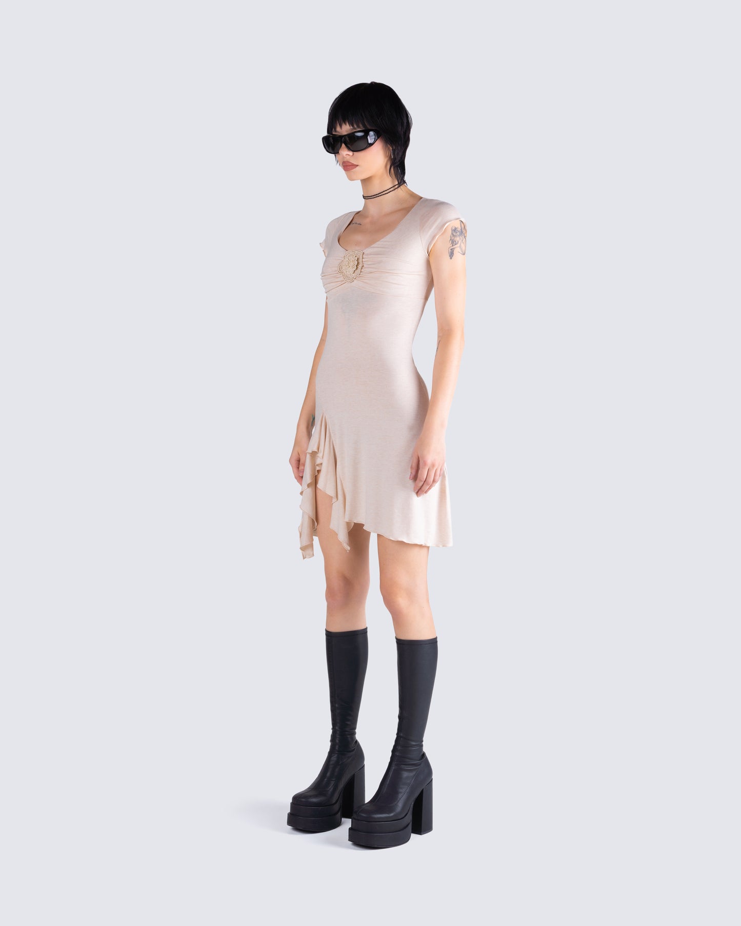 Tai Beige Jersey Ruffle Dress