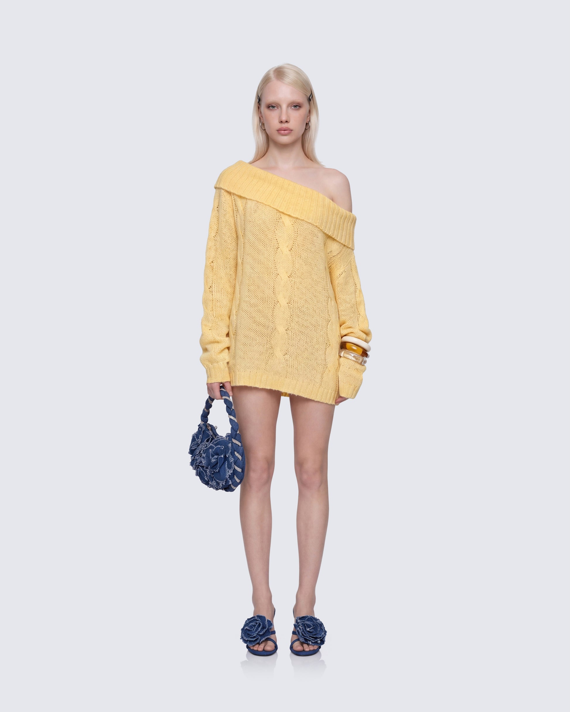 Tali Yellow Cable Knit Jumper model front