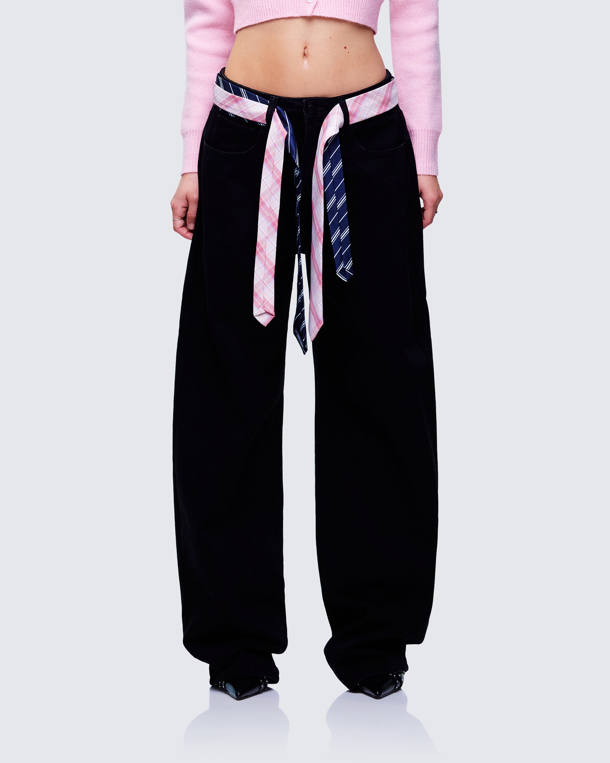 Taliah Black Denim Tie Detail Jeans model front