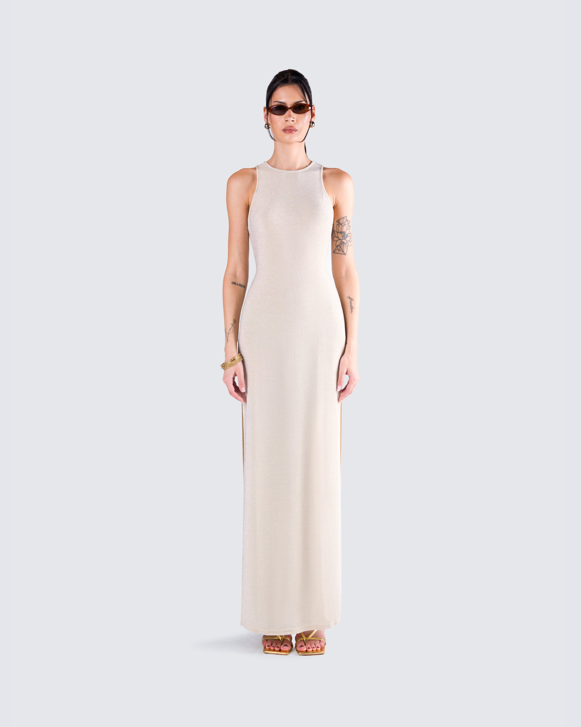 Gold Metallic Maxi Dress - Sleeveless Lurex Gown FINESSE Gold Metallic Maxi Dress - Sleeveless Lurex Gown FINESSE