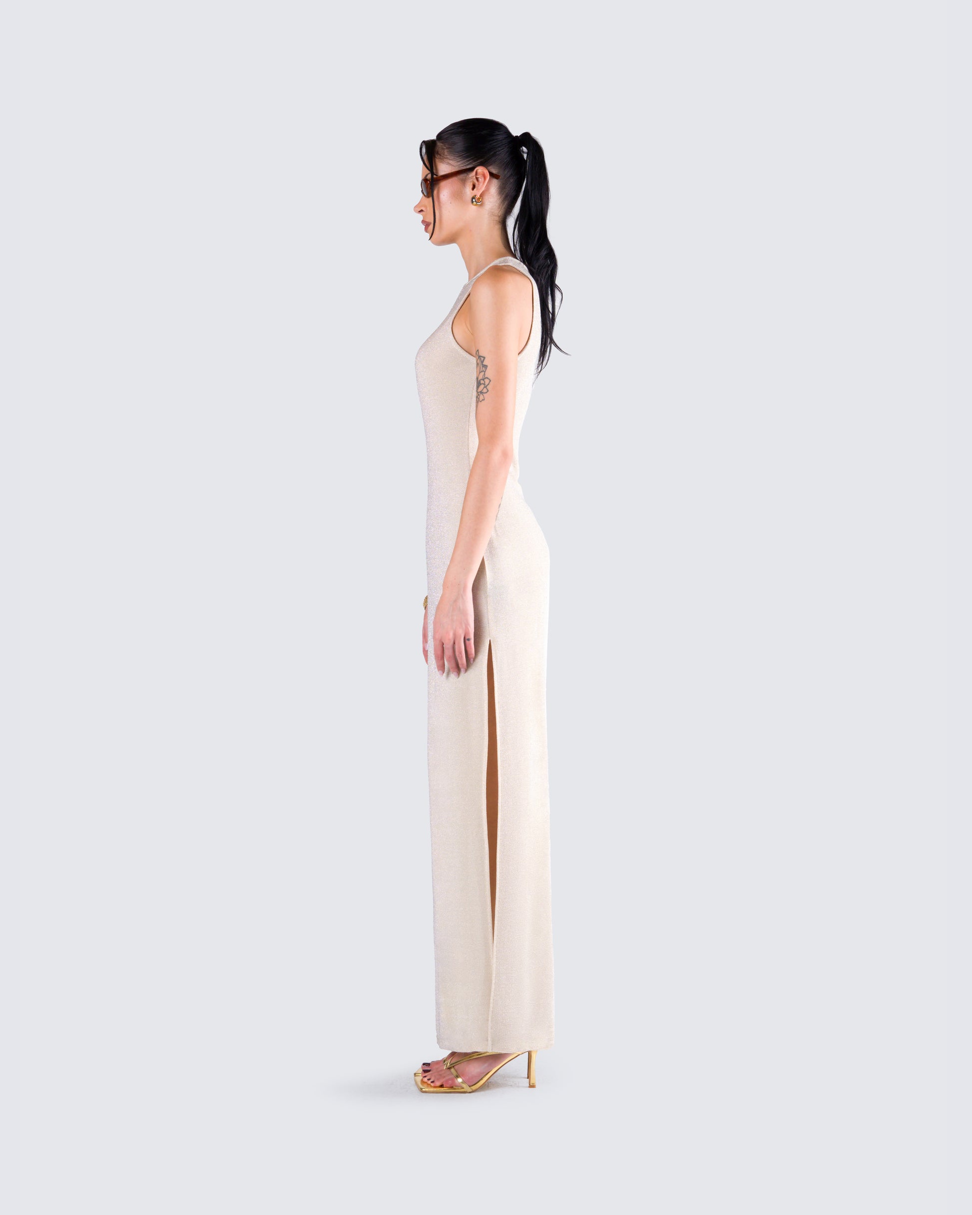 Gold Metallic Maxi Dress - Sleeveless Lurex Gown FINESSE Gold Metallic Maxi Dress - Sleeveless Lurex Gown FINESSE