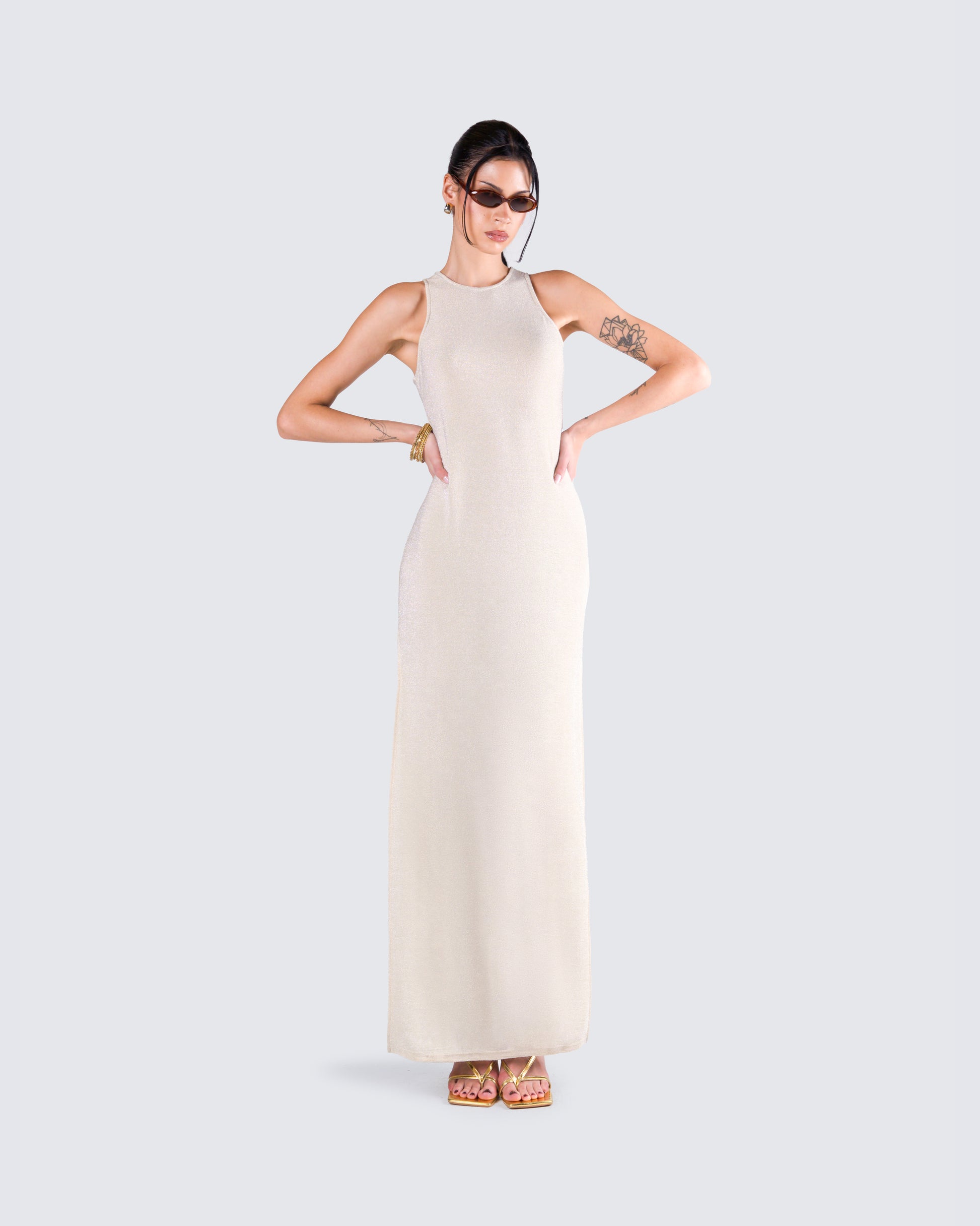 Gold Metallic Maxi Dress - Sleeveless Lurex Gown FINESSE Gold Metallic Maxi Dress - Sleeveless Lurex Gown FINESSE