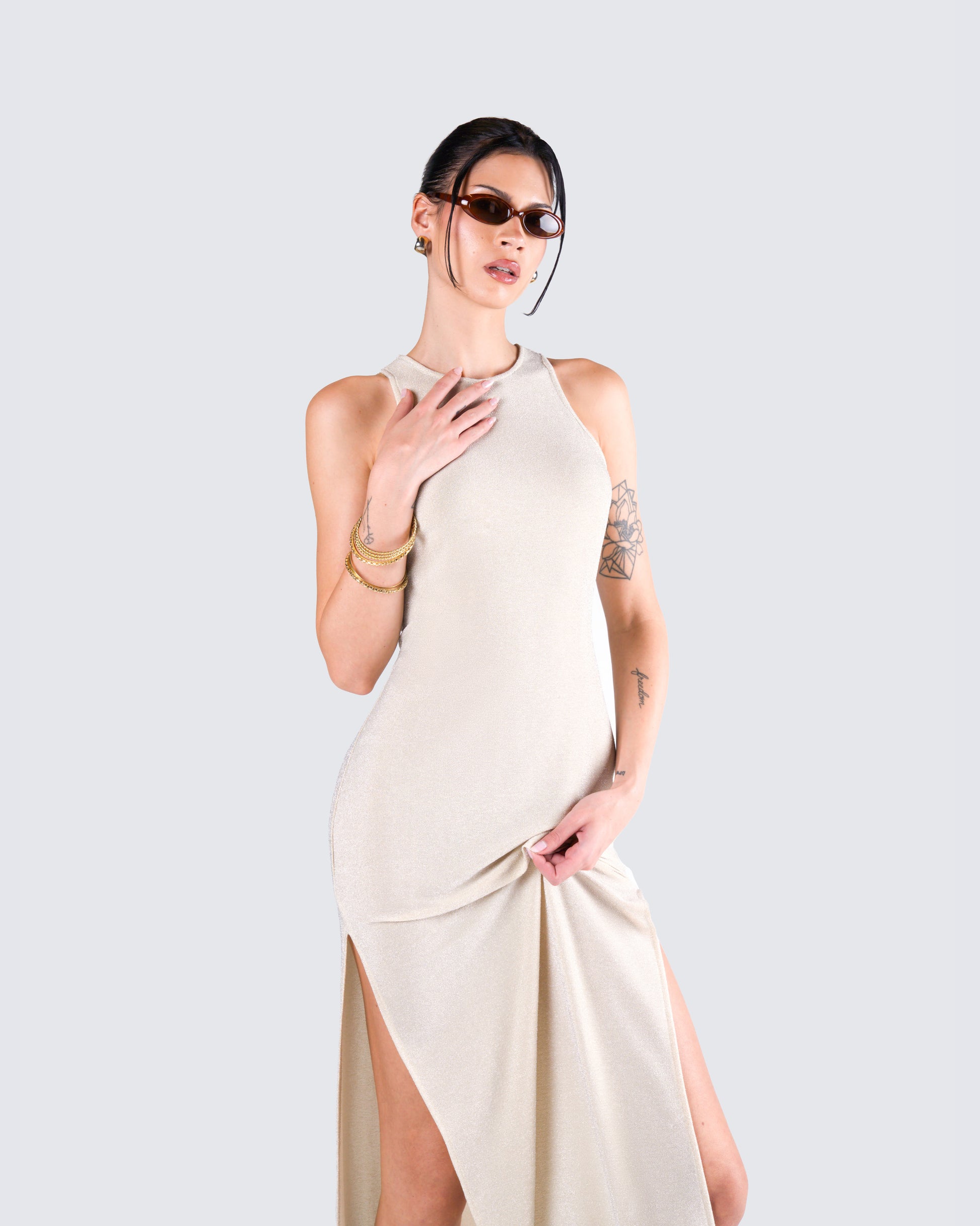 Gold Metallic Maxi Dress - Sleeveless Lurex Gown FINESSE Gold Metallic Maxi Dress - Sleeveless Lurex Gown FINESSE