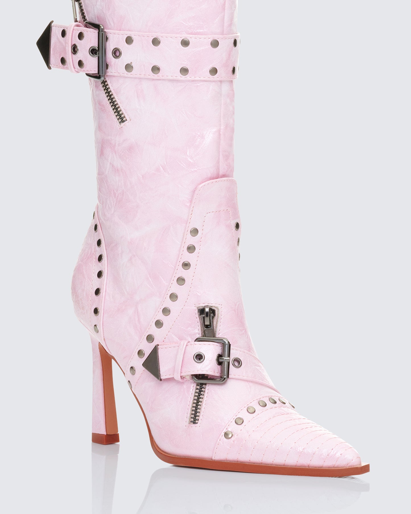 Talyah Pink Burnished Knee High Biker Boots