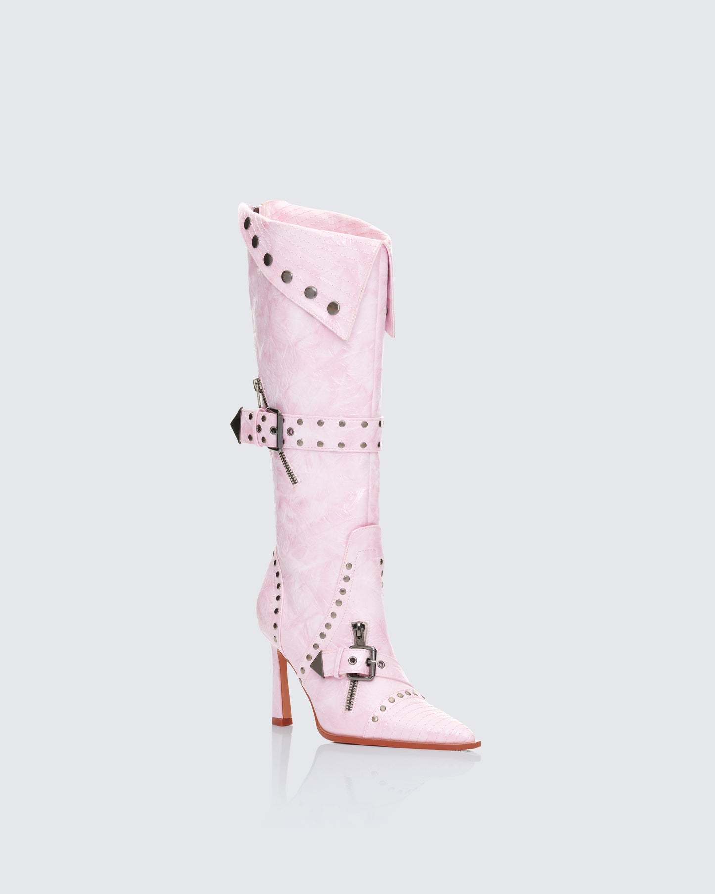 Talyah Pink Burnished Knee High Biker Boots