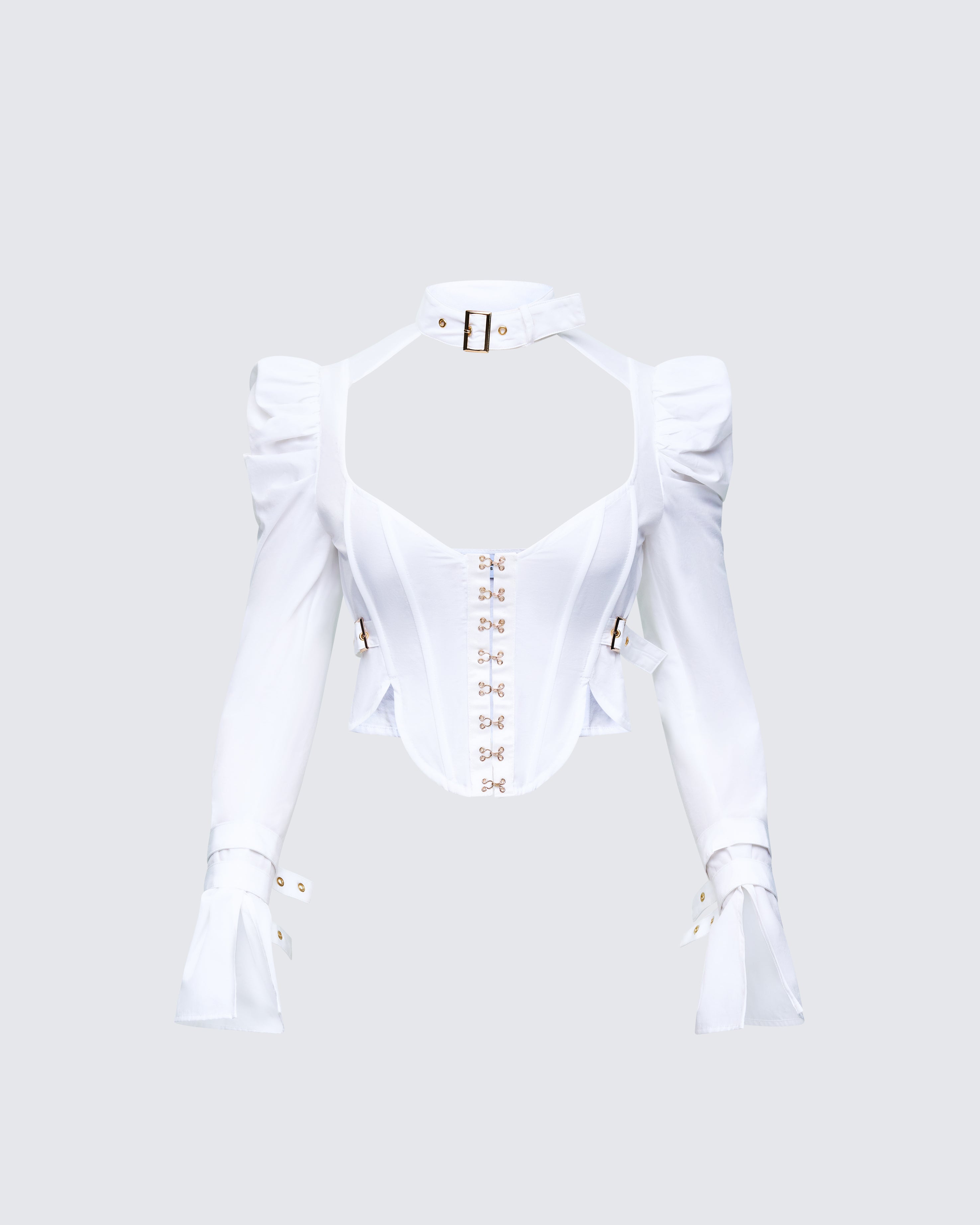 White Corset Top with Hook Closures - Long Sleeve – FINESSE