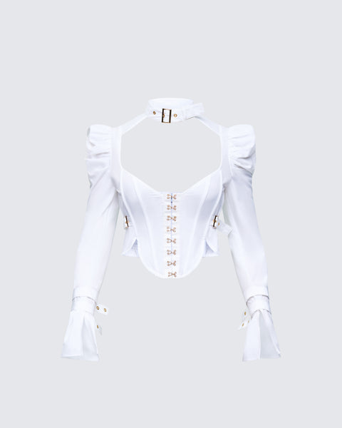 White Corset Top with Hook Closures - Long Sleeve – FINESSE