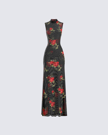 Tata Rose Print Mesh Maxi Dress