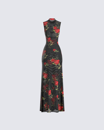 Tata Rose Print Mesh Maxi Dress