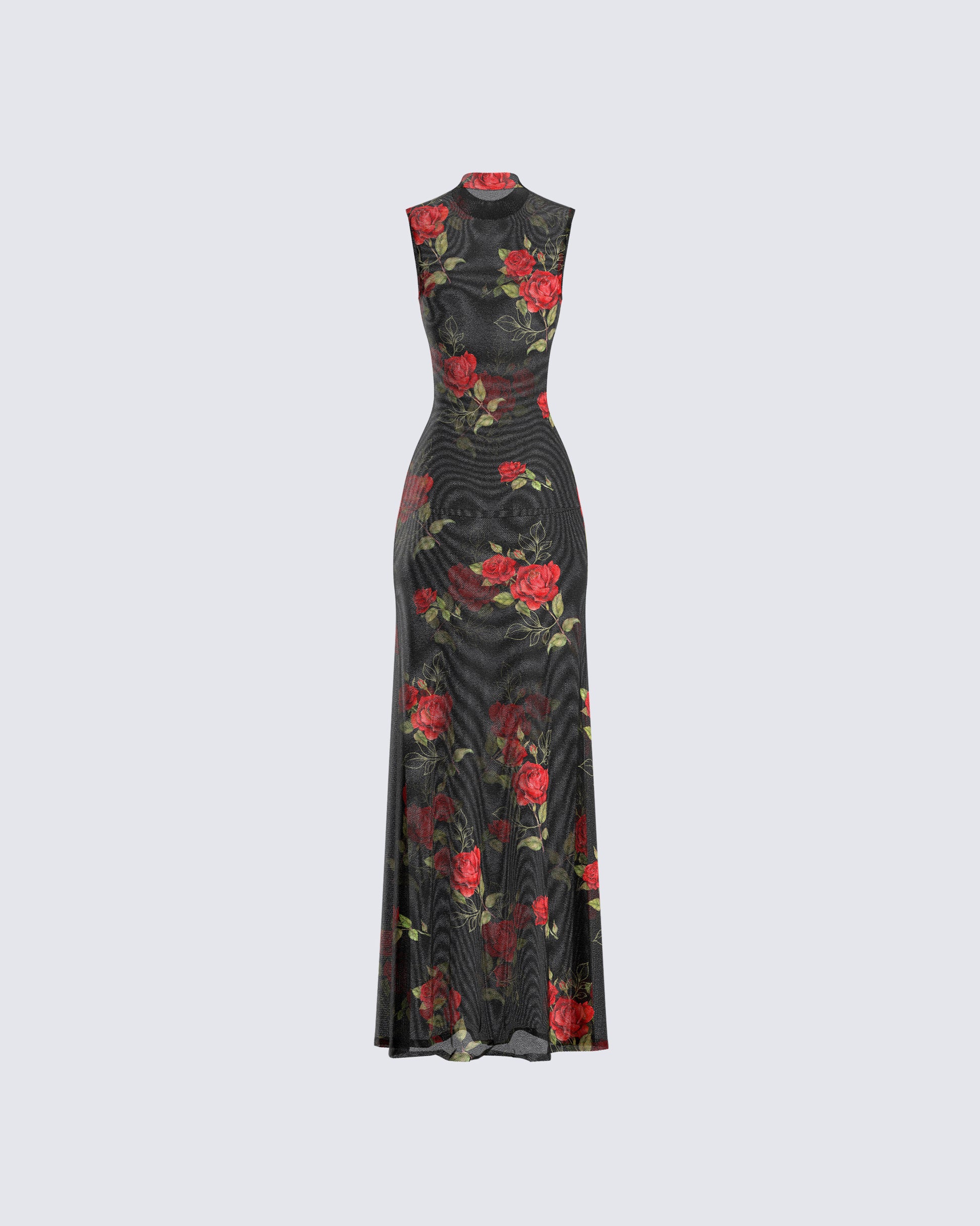 Black Floral Mesh Maxi Dress - Mock Neck Sleeveless FINESSE Black Floral Mesh Maxi Dress - Mock Neck Sleeveless FINESSE