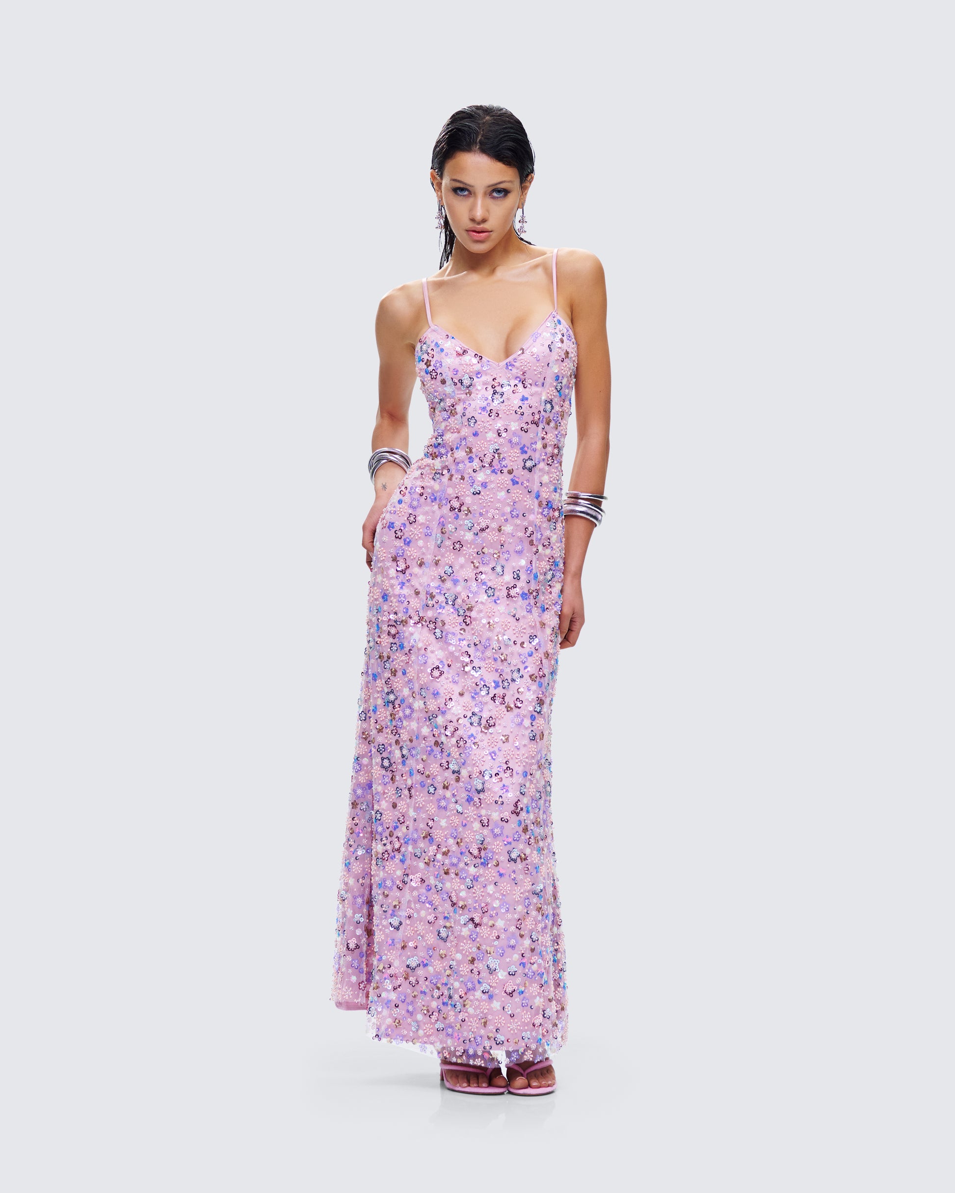 Pink Floral Sequin Maxi Dress - Formal Embellished Gown FINESSE Pink Floral Sequin Maxi Dress - Formal Embellished Gown FINESSE