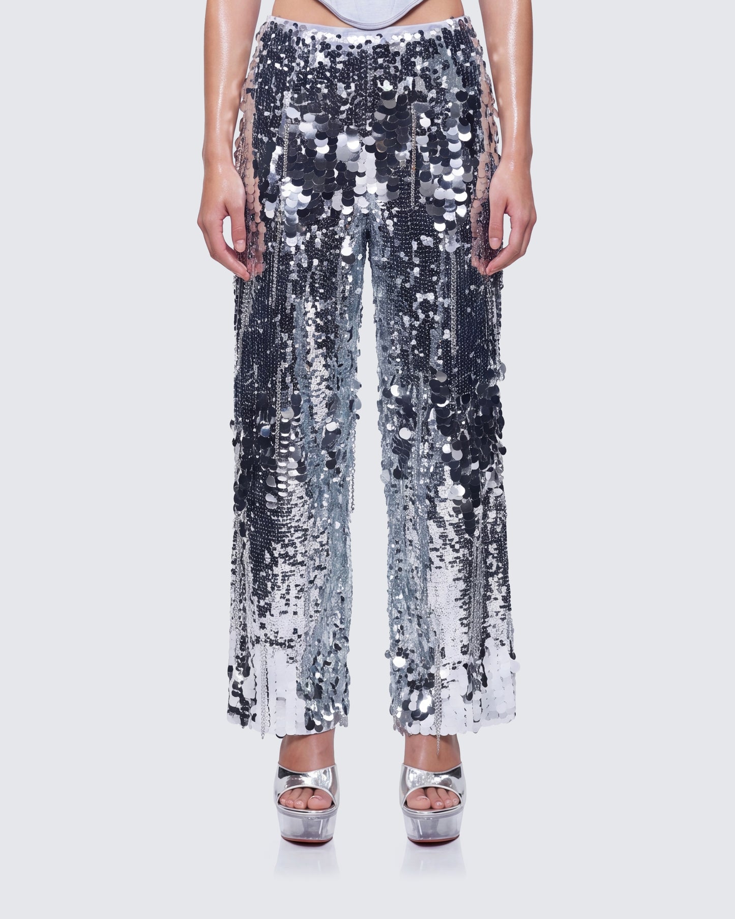 Tiva Ice Silver Sequin Chain High Waisted Pants model front
