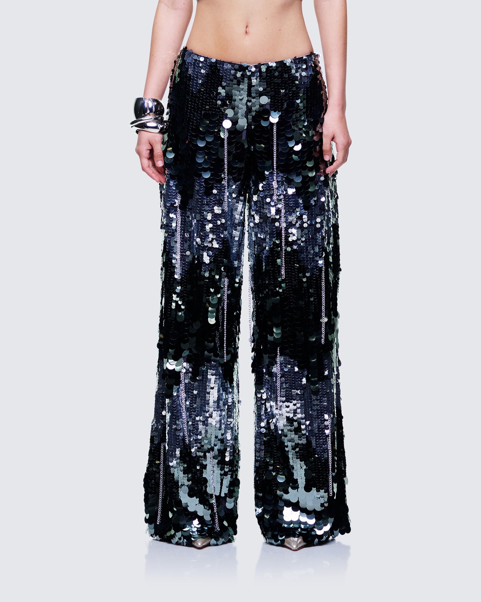 Tiva Silver Sequin High Waisted Pants model front