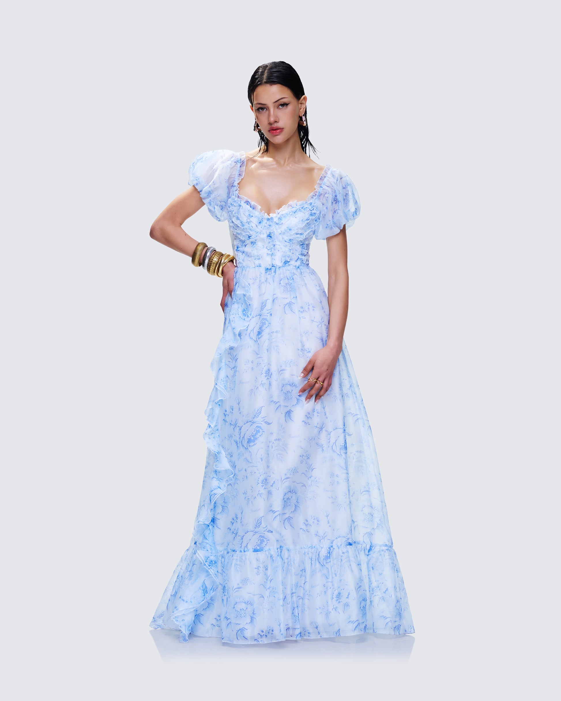 Blue Floral Maxi Dress - Smocked Bodice Ruffled Summer FINESSE Blue Floral Maxi Dress - Smocked Bodice Ruffled Summer FINESSE