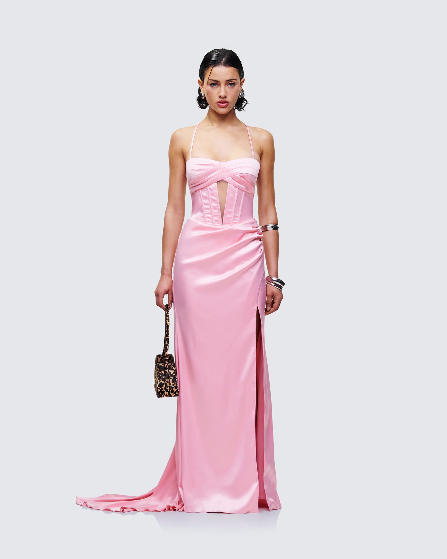 Trixa Pink Satin Cut Out Maxi Dress model front