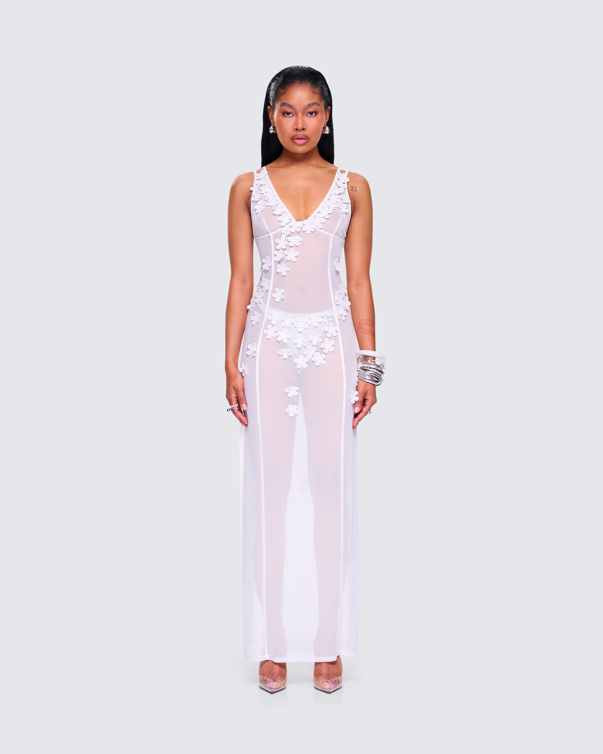 deep v mesh maxi dress Deep V-Neck Semi-Sheer Mesh Maxi Dress
