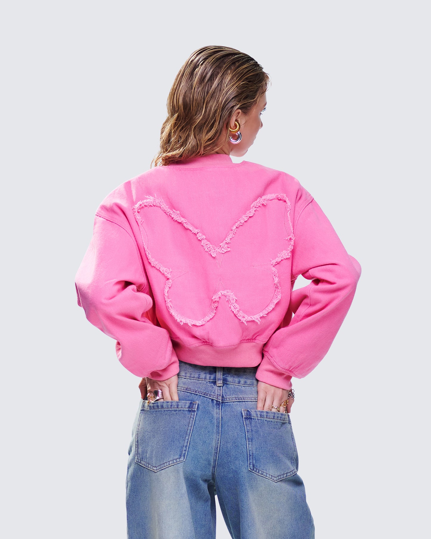 Uzma Pink Denim Cropped Bomber Jacket