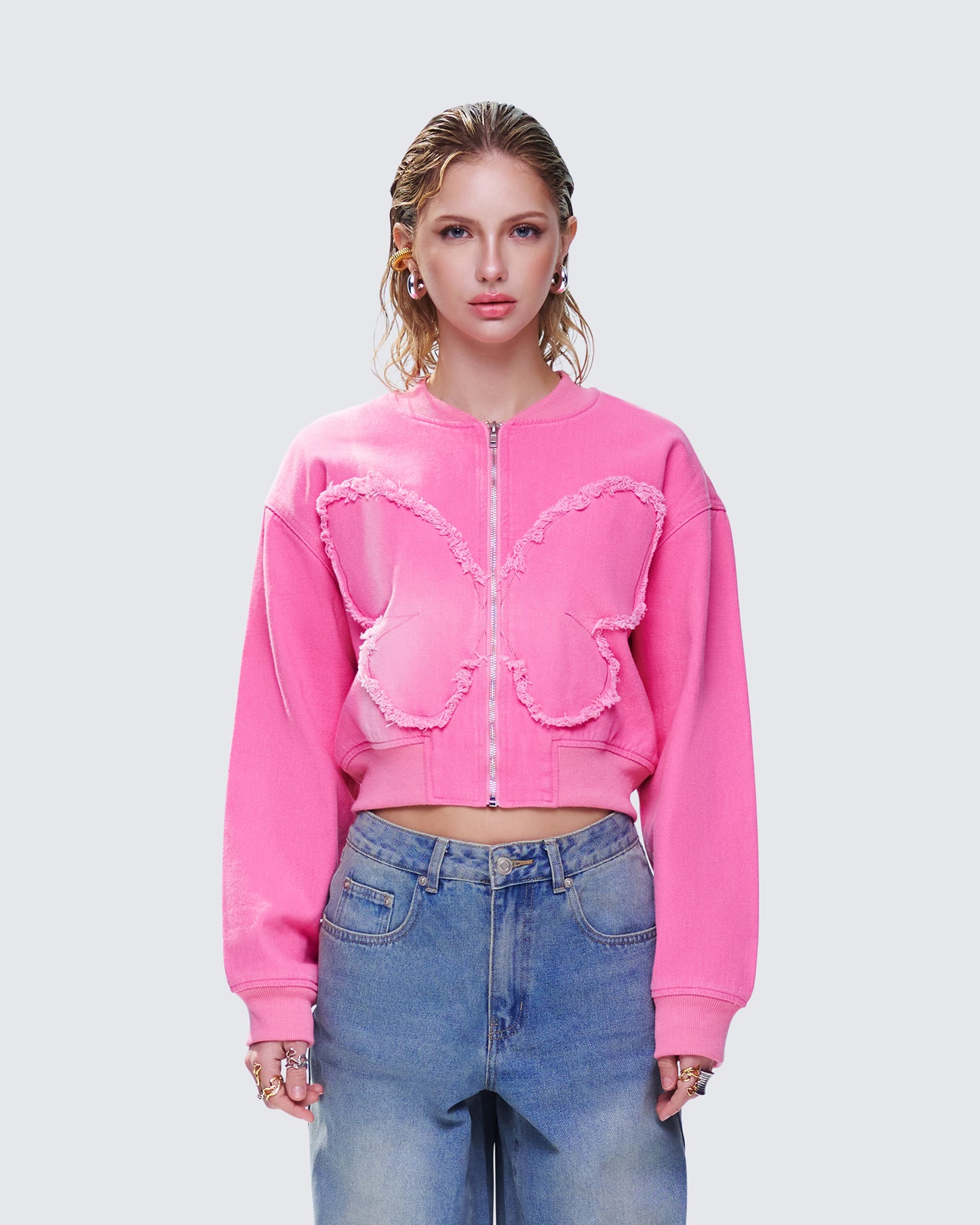 Uzma Pink Denim Cropped Bomber Jacket