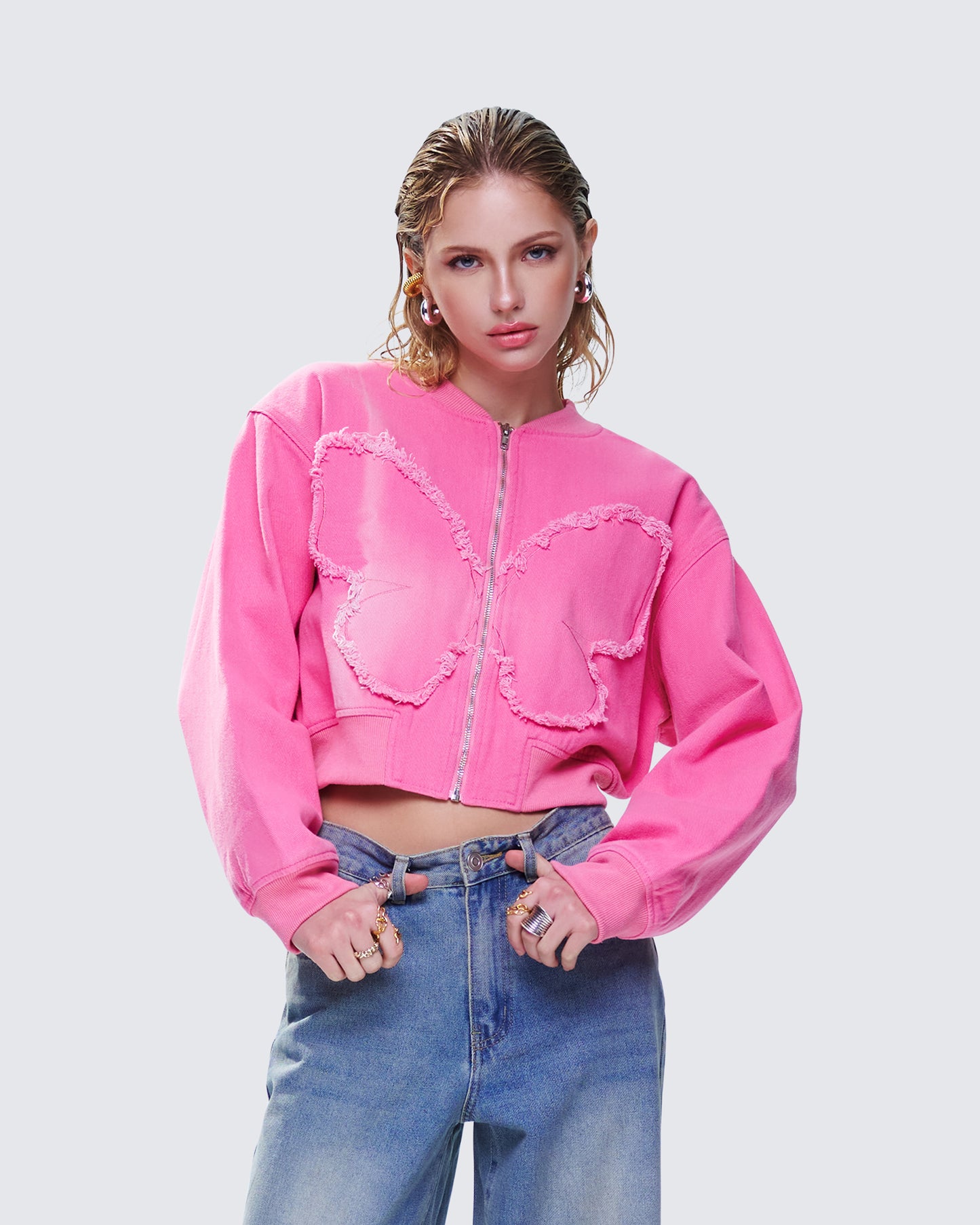 Uzma Pink Denim Cropped Bomber Jacket