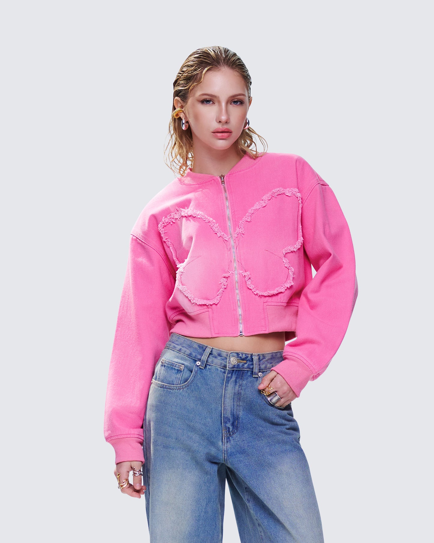 Uzma Pink Denim Cropped Bomber Jacket