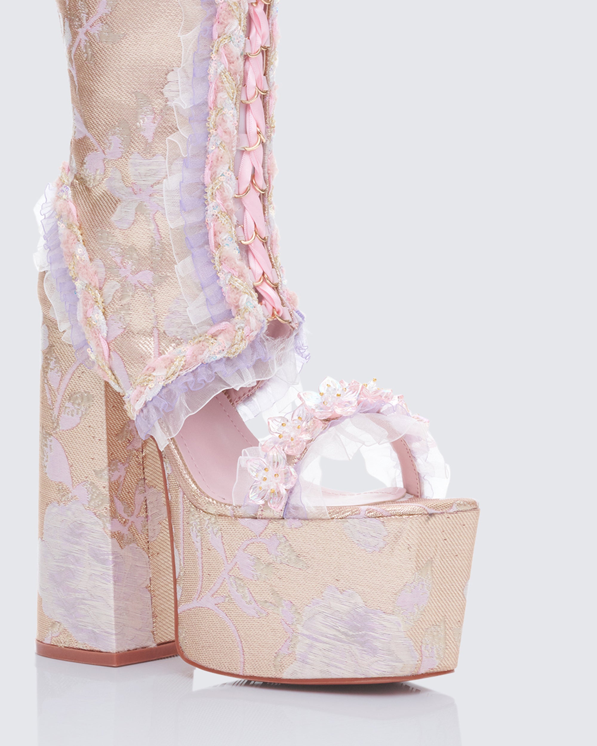 Pink Platform Boots - Sheer Mesh Ruffled Knee High – FINESSE