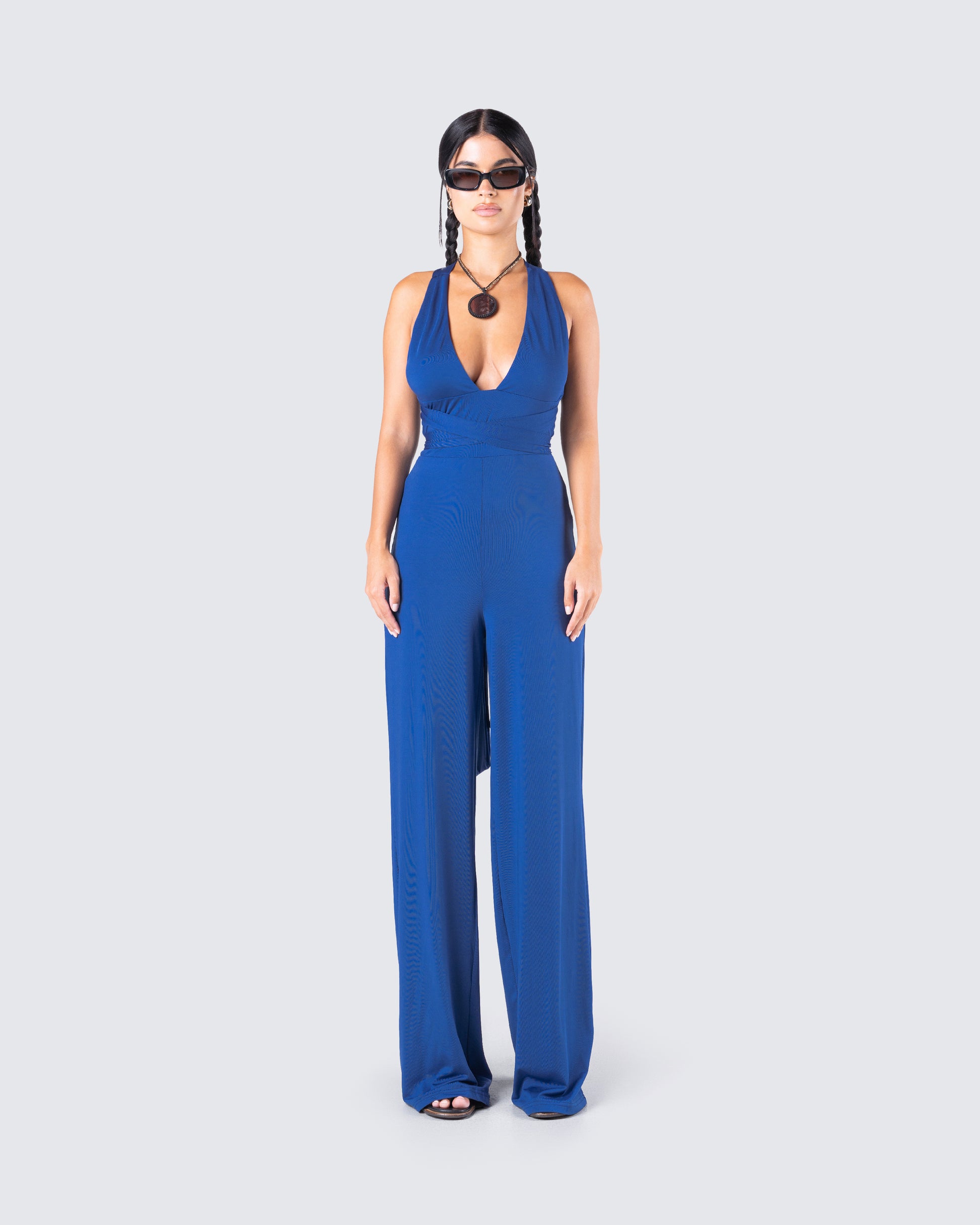 blue jumpsuit dress Bridal Mother Dress V-Neck 3/4 Length Sleeves Jumpsuit Pleated Floor-Length Guest Dresses For Wedding