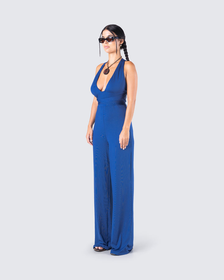 Women's blue jumpsuit alternate angle – FINESSE